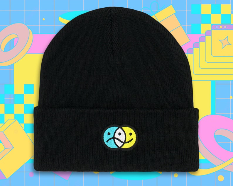 Pastel Happy Sad Face Beanie Black Hat - Unisex Embroidered Cute Pink ...