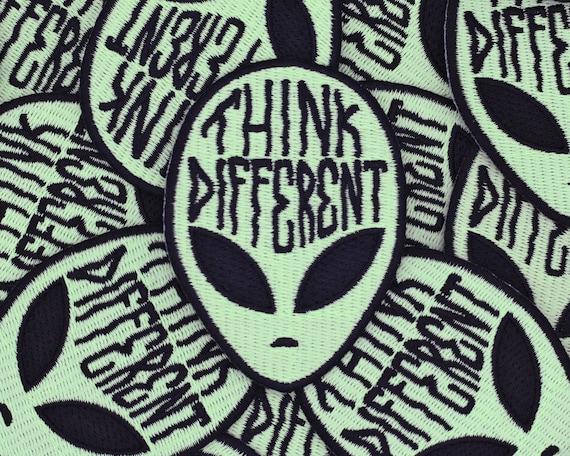 Glow in the Dark Alien Embroidered Patch Think Different - Iron on Badge - ET UFO Space Embroidery Patch - Sew on Emo Goth Punk Patch