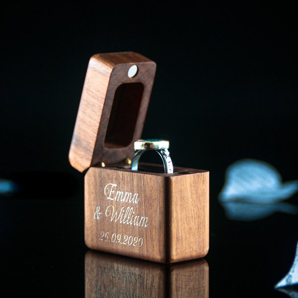 Personalized Slim Walnut Wood Ring Box - Engraved Engagement Wedding Ring Box - Small Ring Bearer Box Gift - Wedding Gift