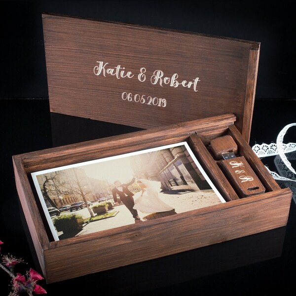 Boîte photo USB 5x7 en bois faite à la main, boîte de mémoire de mariage 32 Go 64 Go 128 Go, boîte de présentation de photographie personnalisée, clé USB à graver personnalisée