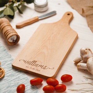 Custom Cutting Board with Handle, Personalized Small Cheese Board, Engraved Chopping Board, Handmade Wooden Charcuterie, Wedding Family Gift image 1