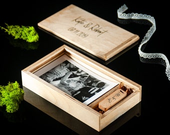 Handmade Wooden 4x6 Photo Box USB 32GB 64GB 128GB, Wedding Memory Box, Custom Photography Presentation Box, Personalized Engrave Flash Drive