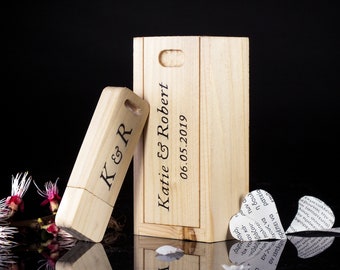 Handmade personalized wooden USB Box - USB flash drive 16GB/32GB - Wedding Custom Engrave USB Drive