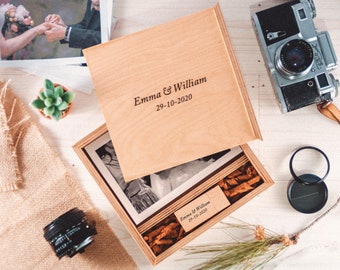 4x6 Photo Album Box with USB, 10x15 cm Wooden Photo Box, Wedding Anniversary Picture Box, Personalized Photo Album Box, Custom Engrave