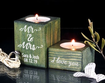 Personalized Wooden Tea Light Holder - Custom Couple Names - Set of 2 - Candle Holder