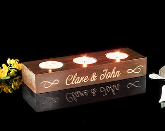 Personalized Wooden Tea Light Holder Triple - Custom Couple Names - Engraved Candle Holder - Wedding Gift