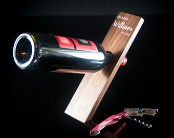 Personalized Walnut Wine Bottle Holder, Custom Engrave Wooden Floating Wine Holder, Balanced Wine Display