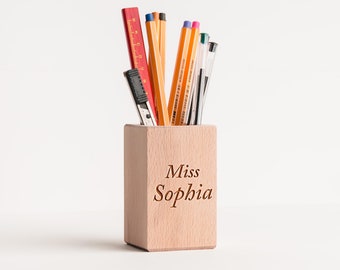 Pen and Pencil Holder for Desk - Square Wooden Pencil Pot - Personalized Pen Cup Stand for Desk - Handmade Custom Office Organizer