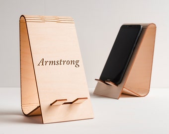 Phone Stand for Desk - Laser Cut on Wood - Personalized Mobile Phone Holder - Office Gift for Him and Her