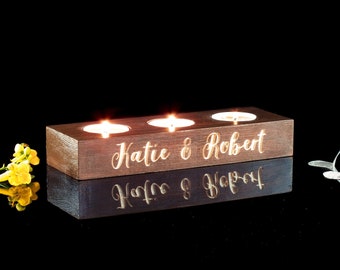 Personalized Wooden Tea Light Holder Triple - Custom Couple Names - Engraved Candle Holder - Wedding Gift