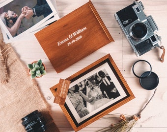 Wooden 5x7 Photo Box with Personalized USB, Vintage Rustic Color, Wedding Memory Box, Custom Photography Presentation Box, Picture Box