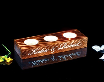 Personalized Rustic Wooden Tea Light Holder Triple - Custom Couple Names - Engraved Candle Holder - Wedding Gift