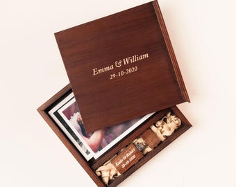 Handmade Walnut Wooden 5x7 Square Photo Box with USB,32GB 64GB 128GB Wedding Memory Box, Custom Photography Presentation Box