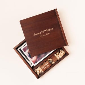 Wooden Square Photo Box 4x6 with USB,32GB 64GB 128GB, Wedding Gift Memory Vintage Walnut Box, Custom Photography Presentation Box