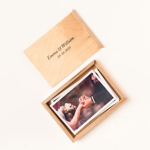 Wooden 4x6 Photo Storage Box with Personalized USB, Natural Color, Wedding Memory Box, Custom Photography Presentation Box, Picture Box