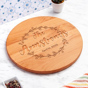 Personalized Round Cutting Board, Custom Handmade Wooden Circle Charcuterie, Cheese Board Anniversary Wedding Gift, Floral Wreath Engrave