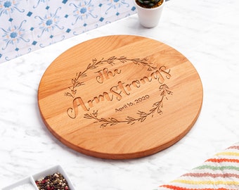 Personalized Round Cutting Board, Custom Handmade Wooden Circle Charcuterie, Cheese Board Anniversary Wedding Gift, Floral Wreath Engrave
