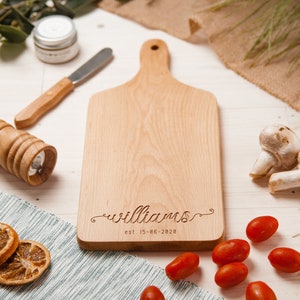 Custom Cutting Board with Handle, Personalized Small Cheese Board, Engraved Chopping Board, Handmade Wooden Charcuterie, Wedding Family Gift zdjęcie 9