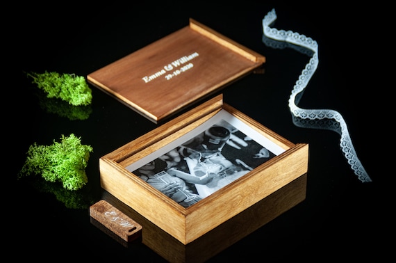 Wooden 5x7 Photo Storage Box With Personalized USB, Vintage Color