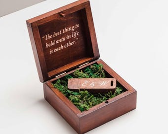 Caja USB de madera personalizada, memoria USB 3.0 de 16 GB/32 GB, caja de memoria USB con foto de boda grabada y musgo