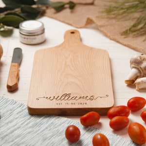Custom Cutting Board with Handle, Personalized Small Cheese Board, Engraved Chopping Board, Handmade Wooden Charcuterie, Wedding Family Gift zdjęcie 10
