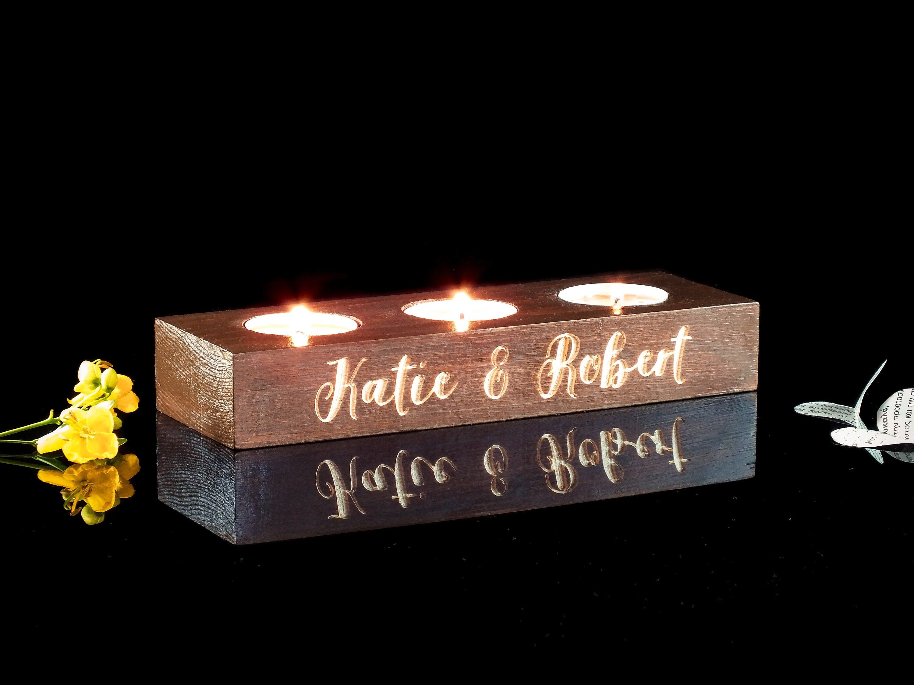 Personalized Wooden Tea Light Holder Triple - Custom Couple Names - Engraved Candle Holder - Wedding Gift