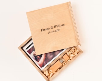 May include: A wooden box with a photo and a USB drive inside. The box is engraved with the text "Emma & William 29-10-2020".
