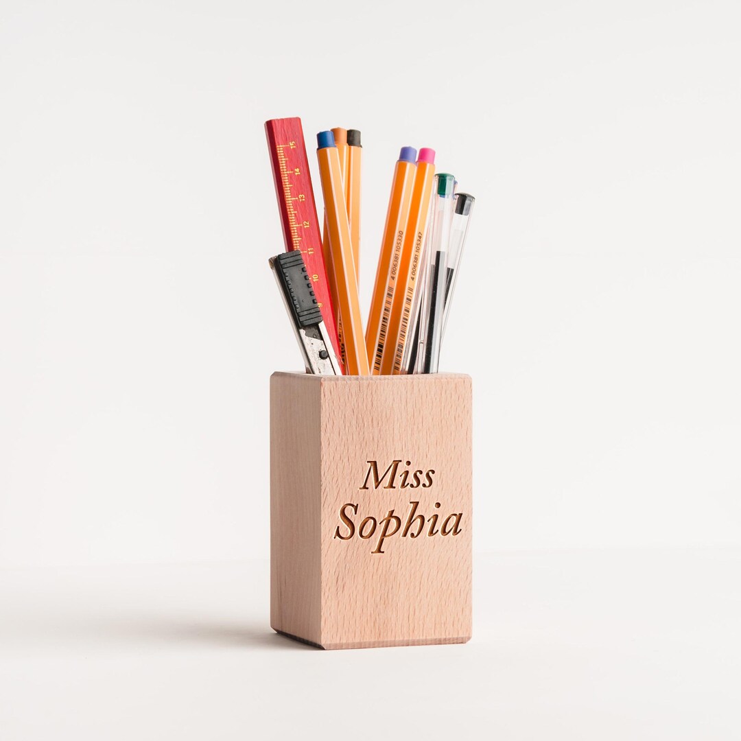 Pen and Pencil Holder for Desk Square Wooden Pencil Pot Personalized