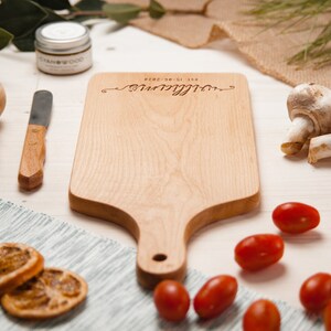 Custom Cutting Board with Handle, Personalized Small Cheese Board, Engraved Chopping Board, Handmade Wooden Charcuterie, Wedding Family Gift zdjęcie 8