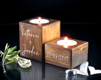 Personalized Wooden Tea Light Holder - Custom Couple Names - Set of 2 - Candle Holder