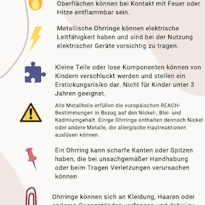 May include: A beige informational graphic with the title "POTENZIELLE RISIKEN" and the text "IM SINNE DER GENERAL PRODUCT SAFETY REGULATION (GPSR)". The graphic includes icons and text describing potential risks associated with earrings.