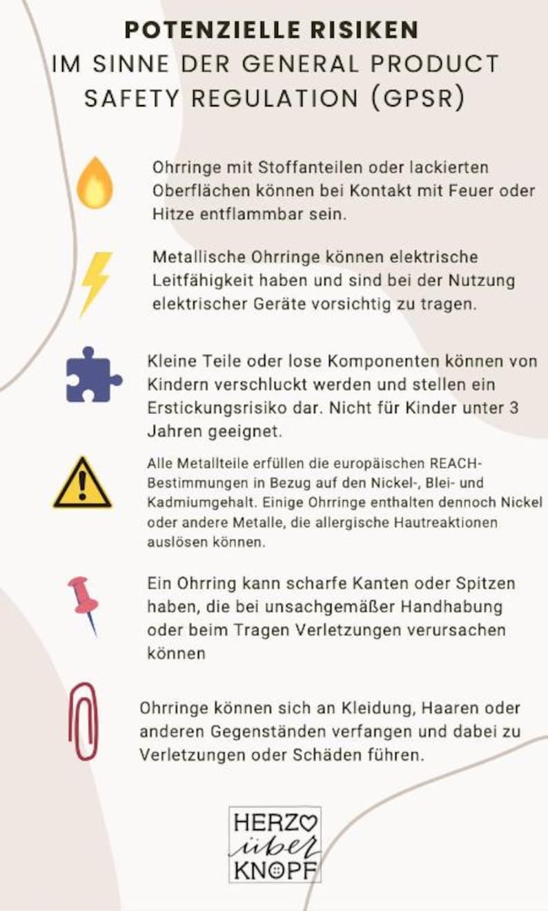 May include: A beige informational graphic with the title "POTENZIELLE RISIKEN" and the text "IM SINNE DER GENERAL PRODUCT SAFETY REGULATION (GPSR)". The graphic includes icons and text describing potential risks associated with earrings.