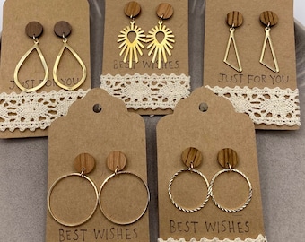 GEOMETRIC WOOD - goldener, geometrischer Echtholz Ohrring (Kreis, Sonnenstrahlen, Dreieck, Tropfen)