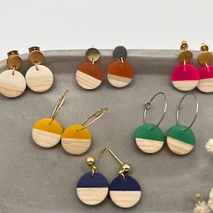 Könnte beinhalten: Sortiment an bunten Holzohrringen mit goldenen und silbernen Beschlägen. Die Ohrringe sind halb aus Holz und halb aus farbigem Harz. Die Farben umfassen Weiß, Braun, Gelb, Grün, Pink und Blau.