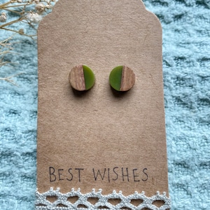 May include: A pair of green and brown wood and resin stud earrings on a brown card with the text "BEST WISHES".