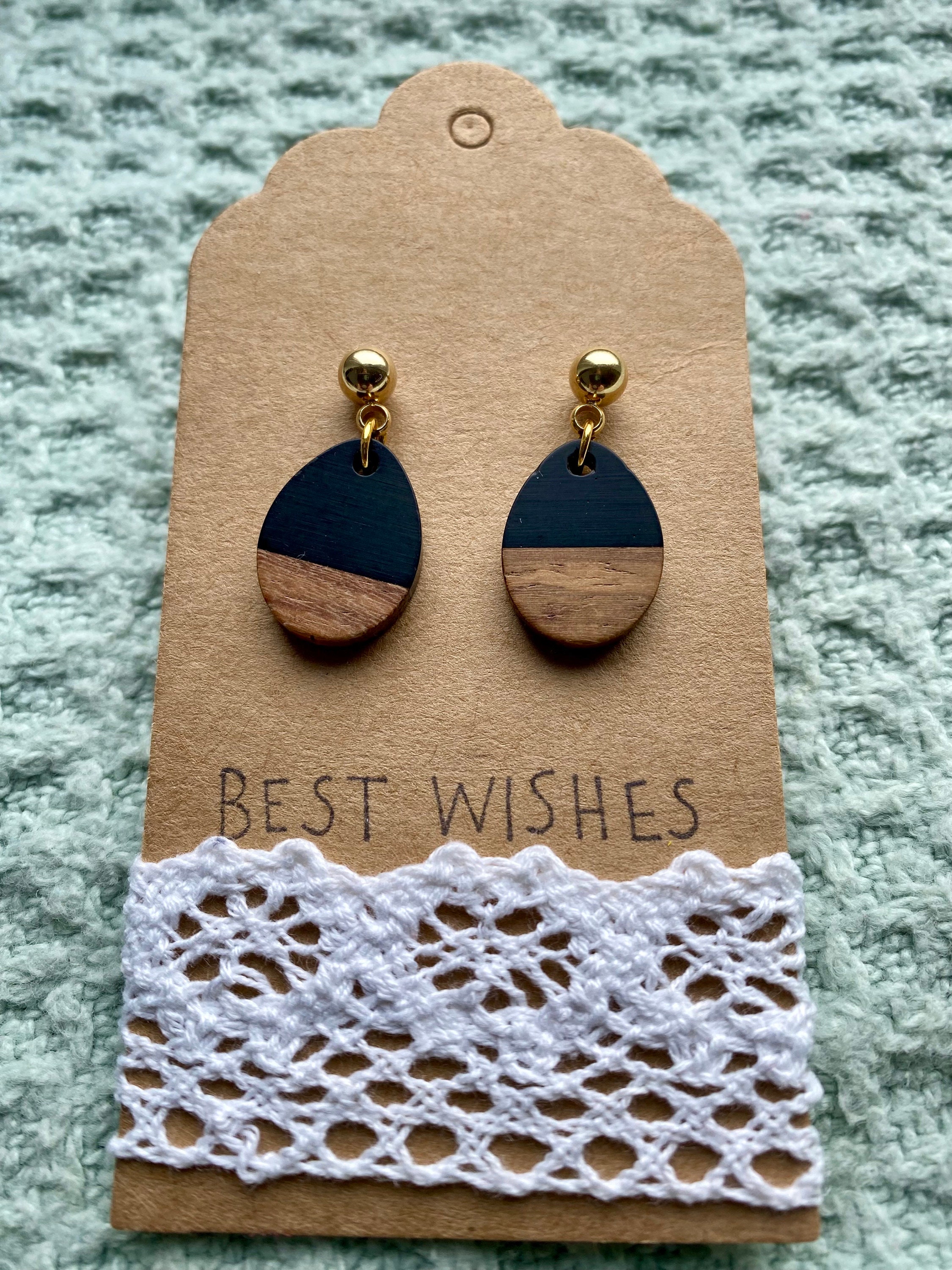 WOODEN DROP Classic Black - Wood & Resin Earring with Gold or Silver Stud (304 Stainless Steel)