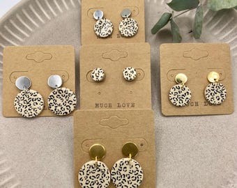 LEO - circular earring (304 stainless steel) with polymer pendant and incorporated leopard pattern in silver or gold