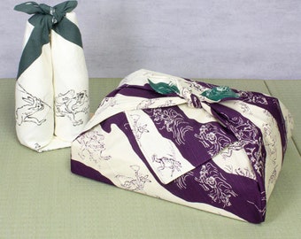 Furoshiki L 104 Choju jinbutsu giga | Reversible purple green / sustainable packaging / gift towel / Kyoto Manufactory / Furoshiki bag / Manga