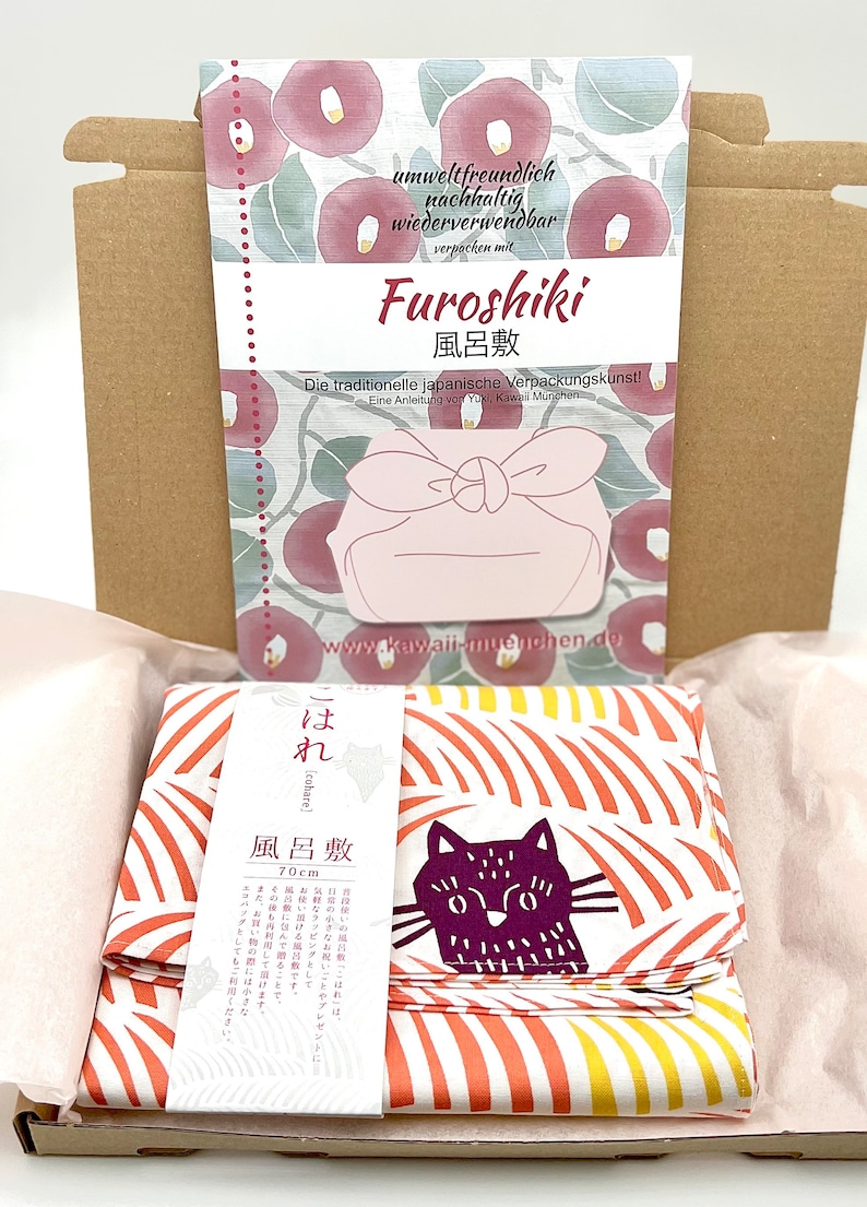 Furoshiki DIY Set / Furoshikitasche / nachhaltige Geschenkverpackung/ Do it yourself Set/ Geschenkset/ ökologische Weihnachtsgeschenk Katze Vogel Pink