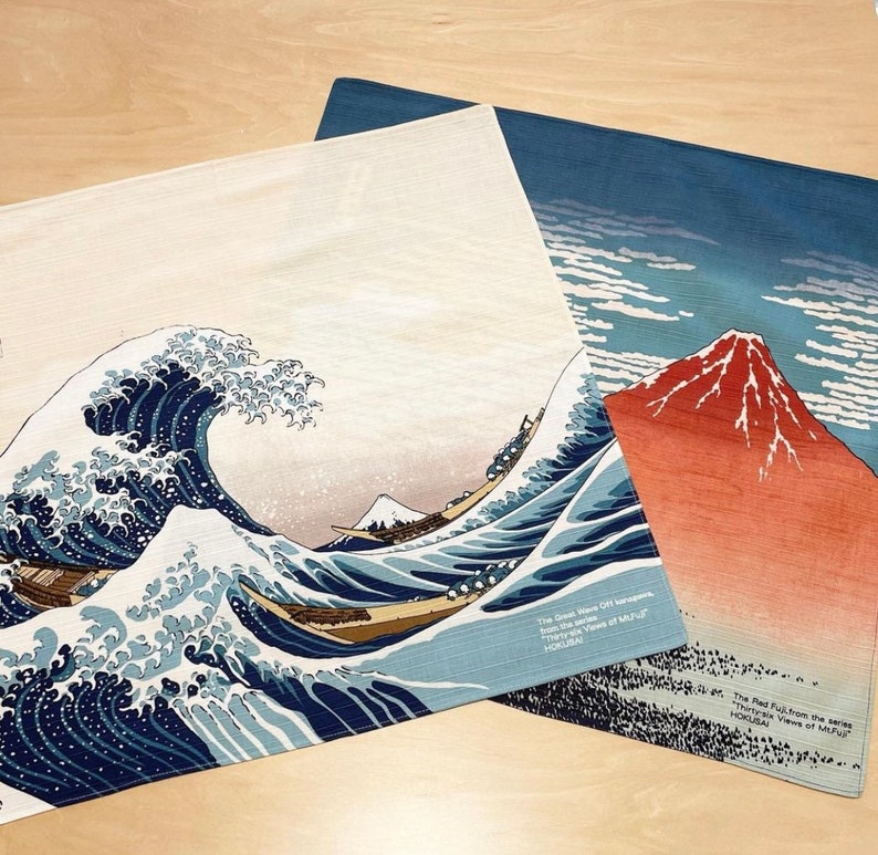 Furoshiki 48 Ukiyo-e Under The Wave Off Kanagawa Beige / Katsushika Hokusai/ emballage durable/ Fujisan/ emballage cadeau durable image 4