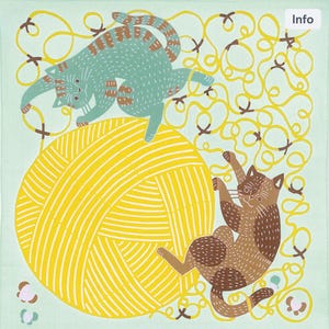May include: Two cats playing with a large yellow ball of yarn on a light blue background. The yarn is striped with yellow and white. One cat is green and brown and the other is brown and white.