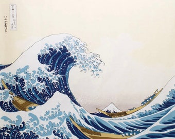Furoshiki S 48 Ukiyo-e The Great Wave Kanagawa Hokusai Beige, Japanese Wrapping Cloth, Sustainable Gift Wrap, Fujisan