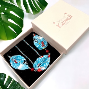 Origami jewelry leaves necklace Kingyo blue dots with Swarovski pearls