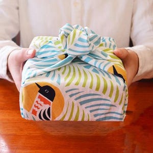 Furoshiki M 70 cohare Black Cat and Bird Turquoise /sustainable cloths/ zero waste gift packaging/ Japanese tradition