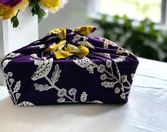 Furoshiki L 100 Kyoto Kiku Púrpura oscuro-amarillo mostaza /Paño Furoshiki/tela de regalo/embalaje sostenible/Zerowaste Pascua/Amor japonés/Tradición japonesa