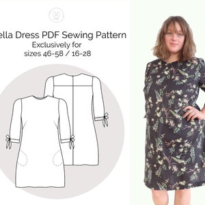 May include: A black and white line drawing of a dress with a round neckline and 3/4 sleeves. The dress has a pocket on the front and ties at the cuffs. The drawing is on a white background with a gray circle around it. The text "Stella Dress PDF Sewing Pattern Exclusively for sizes 46-58 / 16-28" is above the drawing.