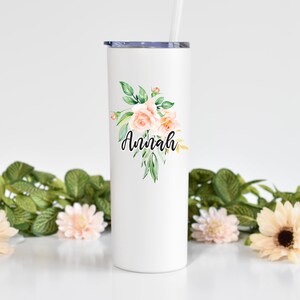 PERSONALIZED FLOWER TUMBLER - 20 oz Skinny White Tumbler With Straw, Gift, Christmas Gift, Stocking Stuffer, Bridal Party Tumbler, Wedding