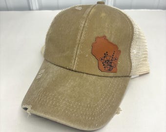 Wisconsin Floral Hat - TAN, Ponytail Hat, Grandma Hat, Gift for Woman, Lady’s Hat, Mother’s Day gift, Boat Hat