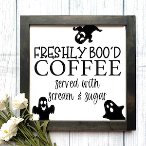 Cartel de madera de café recién abucheado, decoración de Halloween, cartel de otoño, decoración del hogar, decoración rústica del hogar, cartel de Halloween, decoración de otoño, cartel de barra de café