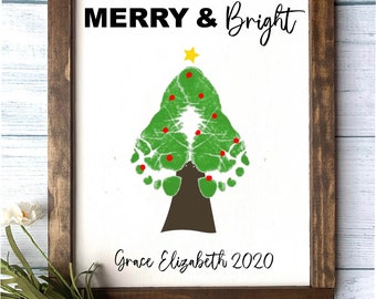 Merry & Bright - DIY Footprint Art, Christmas Sign, DIY Footprint Sign, Christmas Decor, Child's Footprint Sign, Christmas Gift